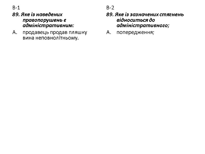 В-1 89. Яке із наведених правопорушень є адміністративним: продавець продав пляшку вина неповнолітньому. 